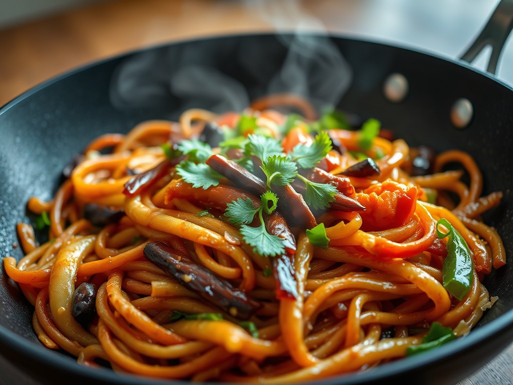 Overheerlijke, goedgevulde Bami Goreng (zoveel lekkerder dan van de Chinees..), AI-gegenereerde illustratie