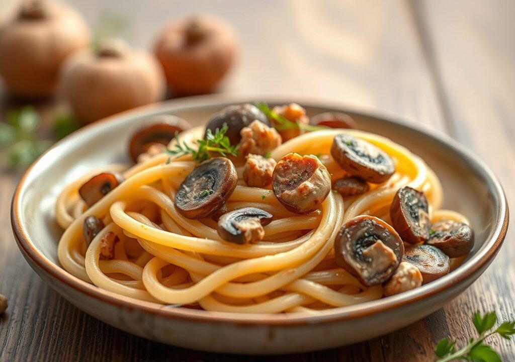 P-4 (Pasta, Paddestoelen, Pistachenootjes, Parmezaan), AI-gegenereerde illustratie