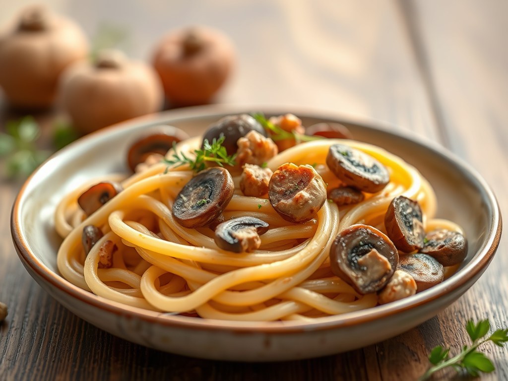 P-4 (Pasta, Paddestoelen, Pistachenootjes, Parmezaan), AI-gegenereerde illustratie