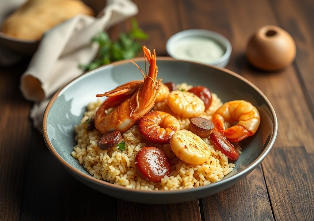 Paëlla met chorizo, spiering van Iberico en scampi’s, AI-gegenereerde illustratie