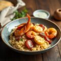 Paëlla met chorizo, spiering van Iberico en scampi’s