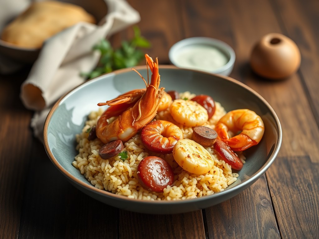 Paëlla met chorizo, spiering van Iberico en scampi’s, AI-gegenereerde illustratie