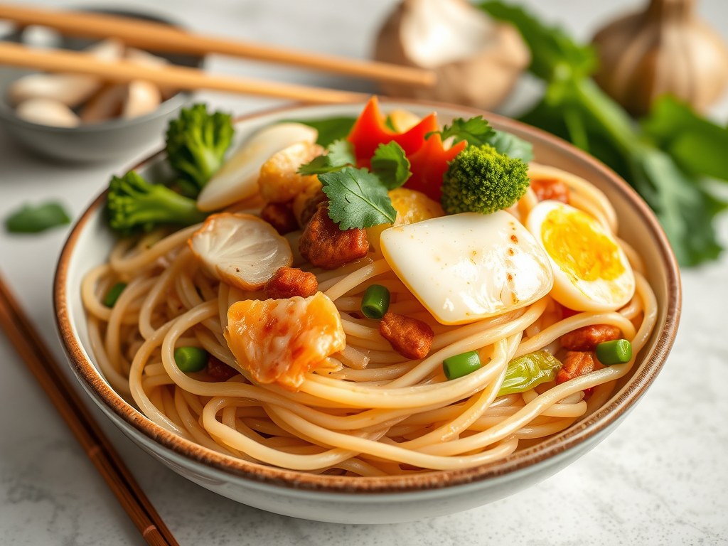 Pad See (Y)ew = Pad Siew (Rijstnoedels met Ei, Vlees en Zoetsaus), AI-gegenereerde illustratie