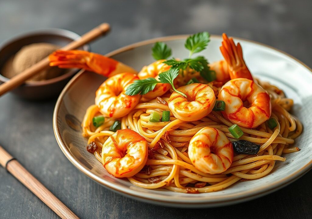 Pad Thai met grote garnalen — AI-gegenereerde illustratie