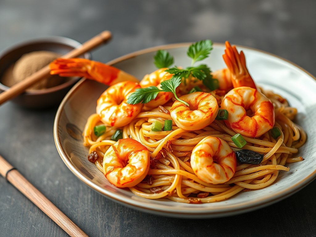 Pad Thai met grote garnalen, AI-gegenereerde illustratie
