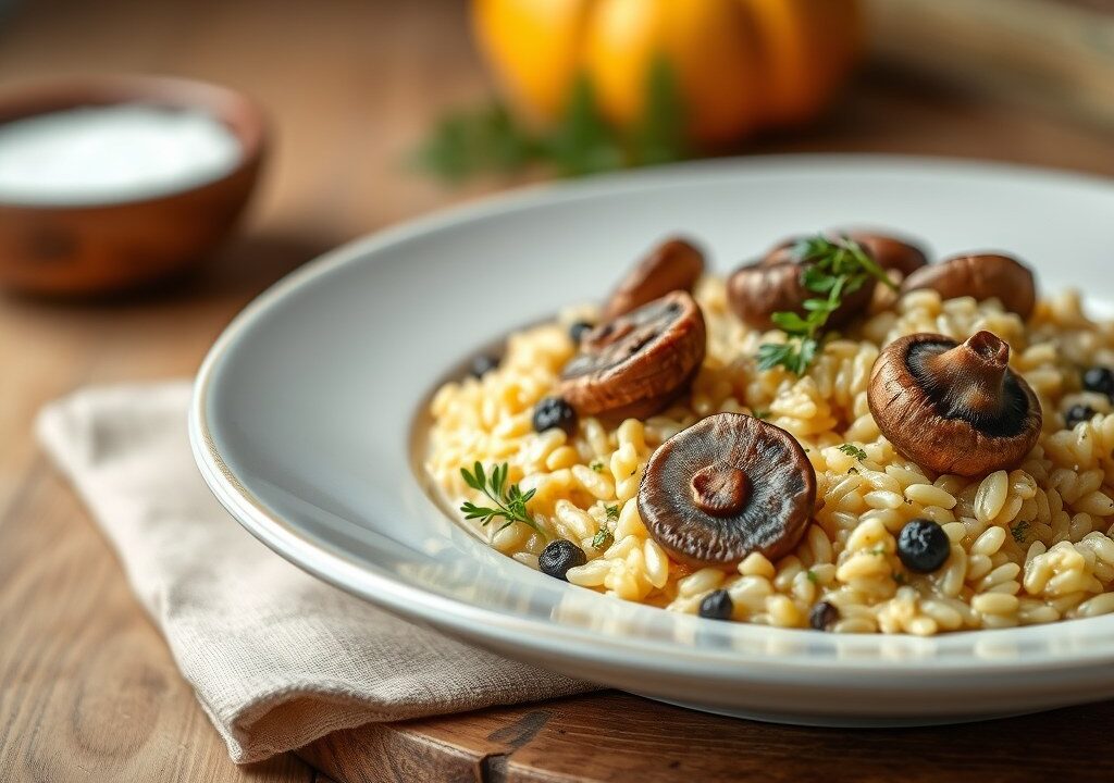 Paddenstoelen pompoenrisotto met vegan balletjes, AI-gegenereerde illustratie