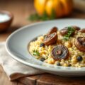 Paddenstoelen pompoenrisotto met vegan balletjes