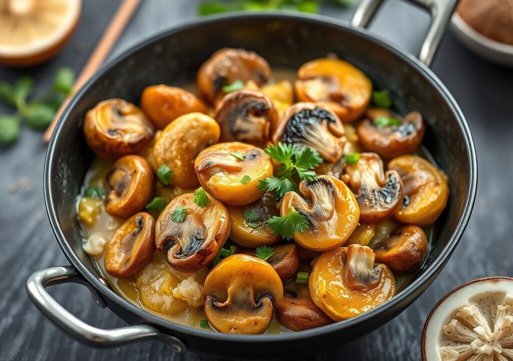 Paddestoelen roerbak van gele curry, AI-gegenereerde illustratie