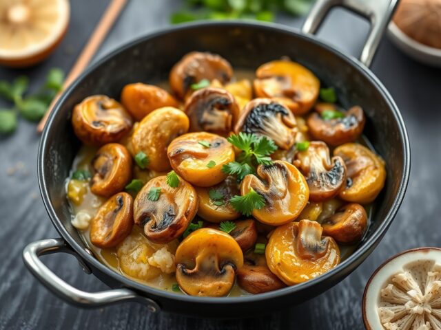 Paddestoelen roerbak van gele curry — AI-gegenereerde illustratie
