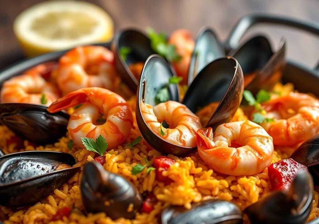 Paella met mosselen — AI-gegenereerde illustratie