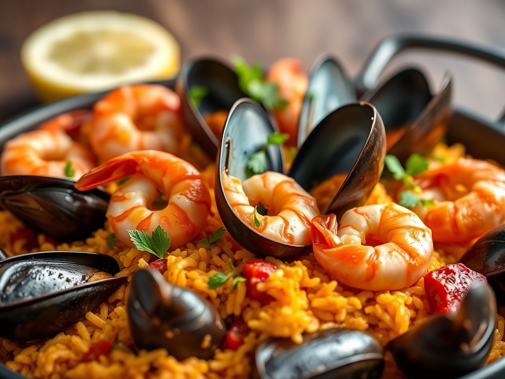 Paella met mosselen, AI-gegenereerde illustratie
