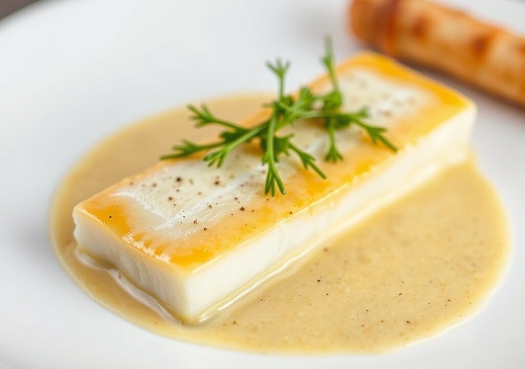 Pangasiusfilet met prei in kerrieroom, AI-gegenereerde illustratie