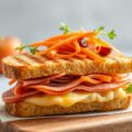 Panini met Gouda en Ardense ham, wortelsalade met gedroogd fruit