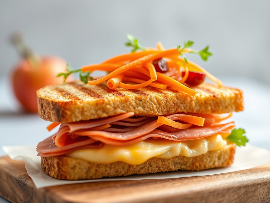 Panini met Gouda en Ardense ham, wortelsalade met gedroogd fruit, AI-gegenereerde illustratie
