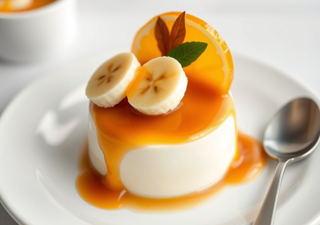 Panna cotta met banaan en sinaasappel-karamelsaus — AI-gegenereerde illustratie