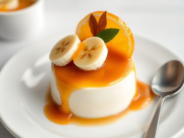 Panna cotta met banaan en sinaasappel-karamelsaus — AI-gegenereerde illustratie