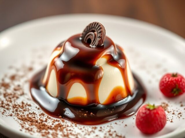 Panna cotta met koffie en chocoladesaus — AI-gegenereerde illustratie
