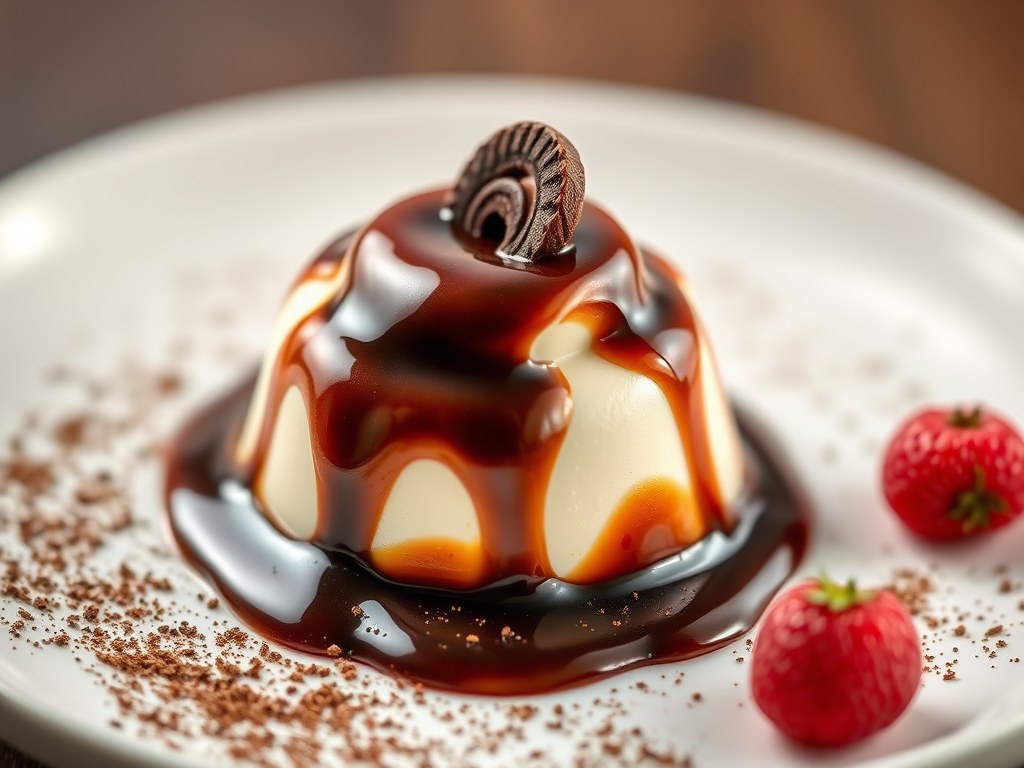 Panna cotta met koffie en chocoladesaus, AI-gegenereerde illustratie
