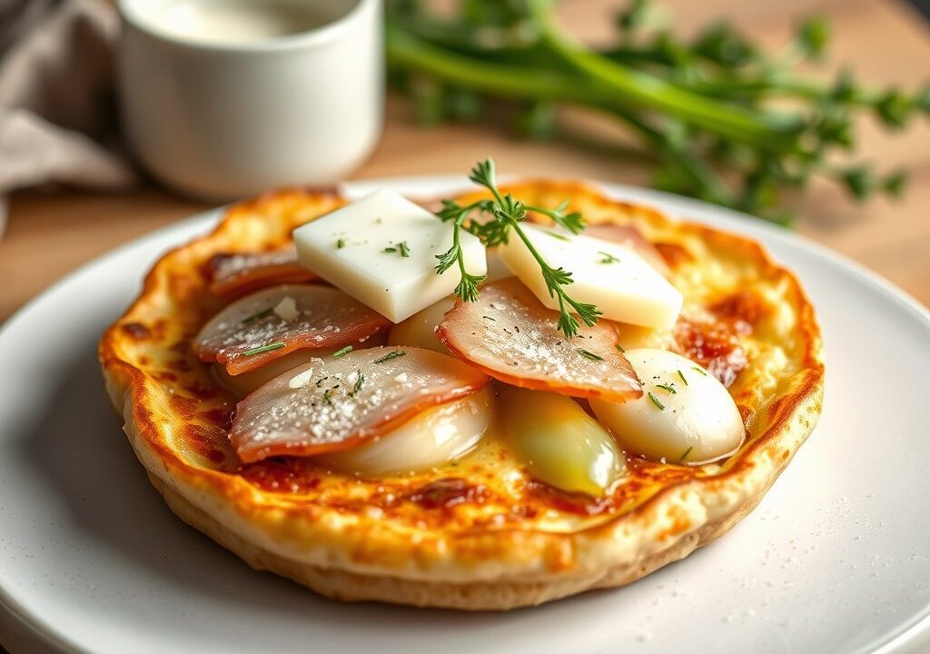 Pannenkoek met prei en Brugse ham en kaas — AI-gegenereerde illustratie