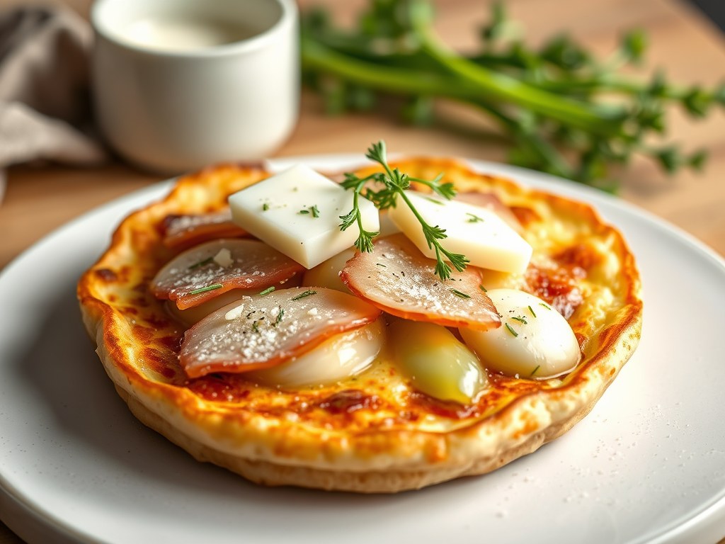 Pannenkoek met prei en Brugse ham en kaas, AI-gegenereerde illustratie