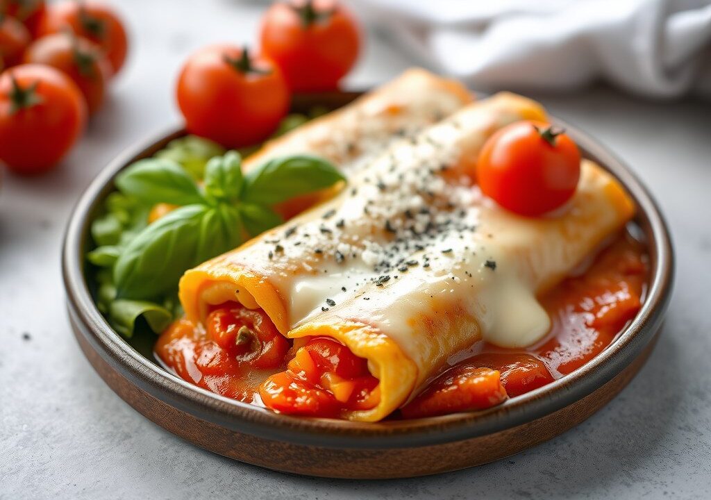 Pannenkoeken gegratineerd zoals cannelloni — AI-gegenereerde illustratie