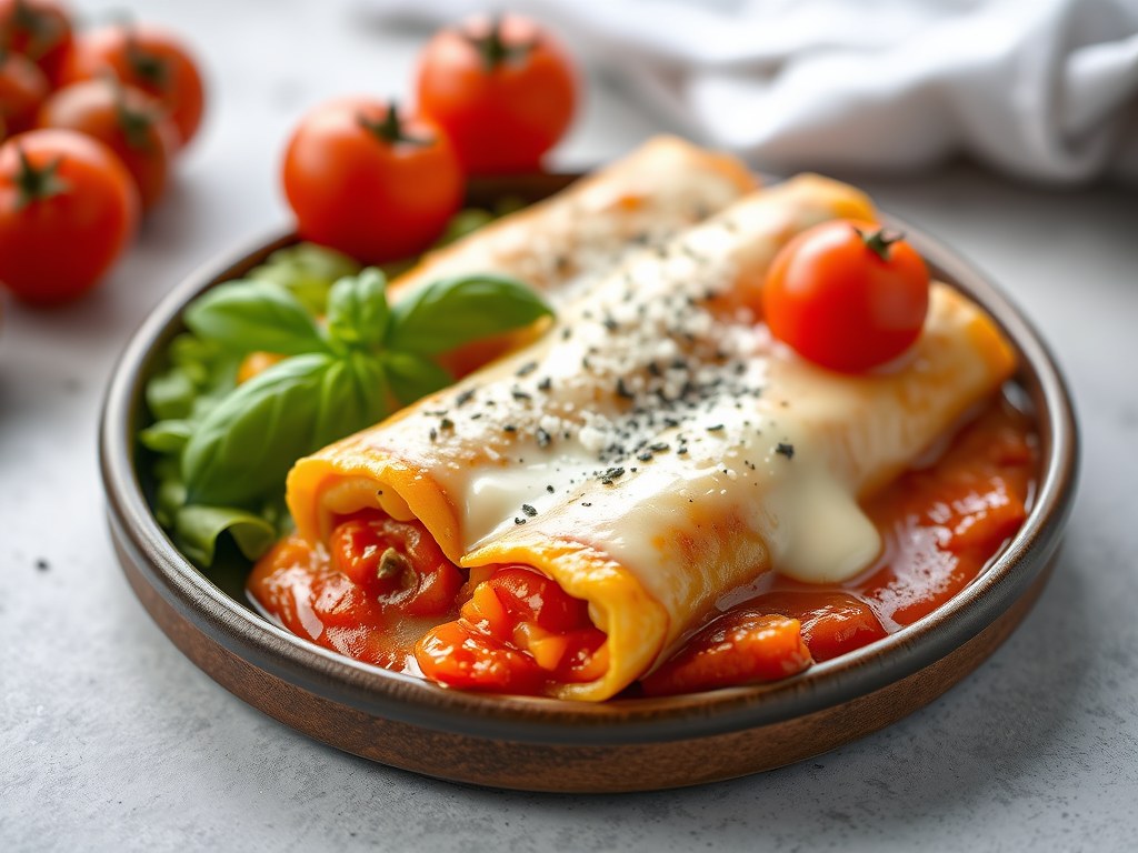 Pannenkoeken gegratineerd zoals cannelloni, AI-gegenereerde illustratie