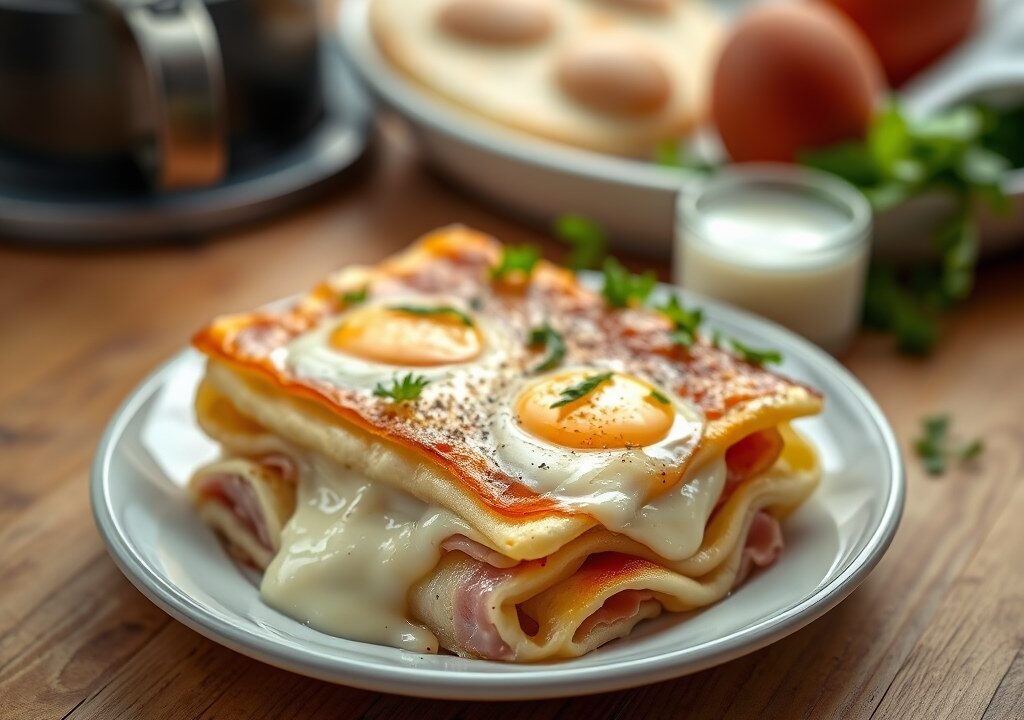 Pannenkoeken gevuld met witlof, ham en kaas, AI-gegenereerde illustratie