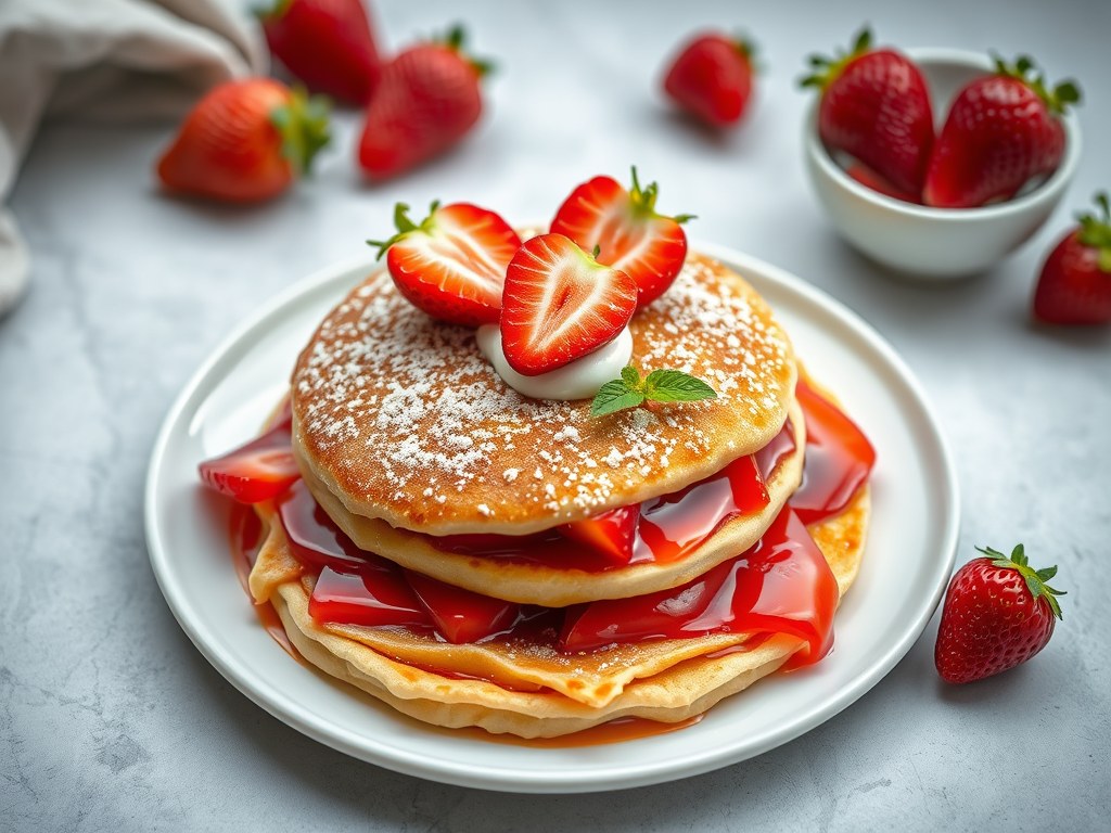 Pannenkoeken met aardbeien, AI-gegenereerde illustratie