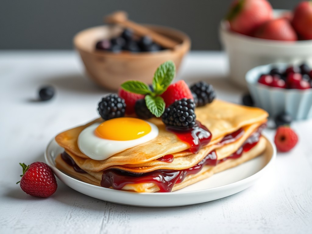 Pannenkoeken met bosvruchten, AI-gegenereerde illustratie