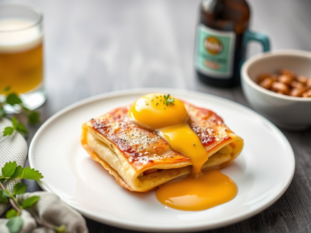 Pannenkoeken met krieken en sabayon van kriekbier, AI-gegenereerde illustratie
