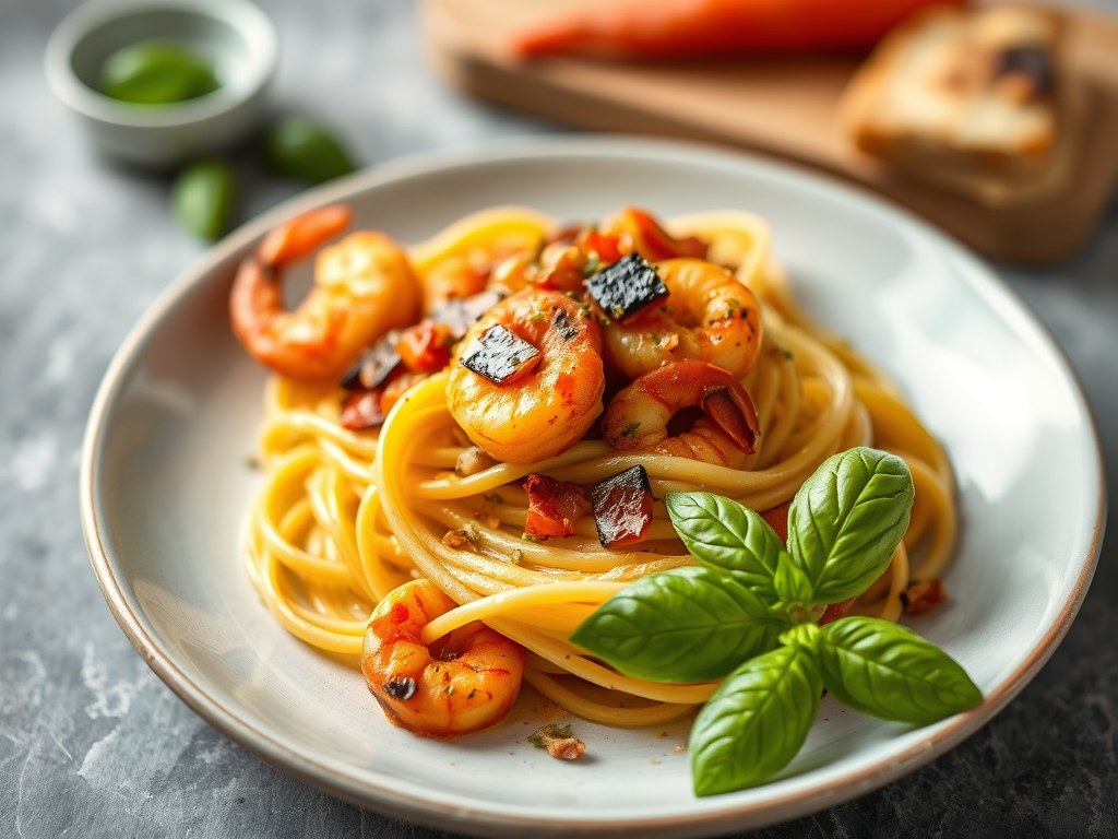 Papardelle met scampis, kerriesaus en knapperige pancetta, AI-gegenereerde illustratie