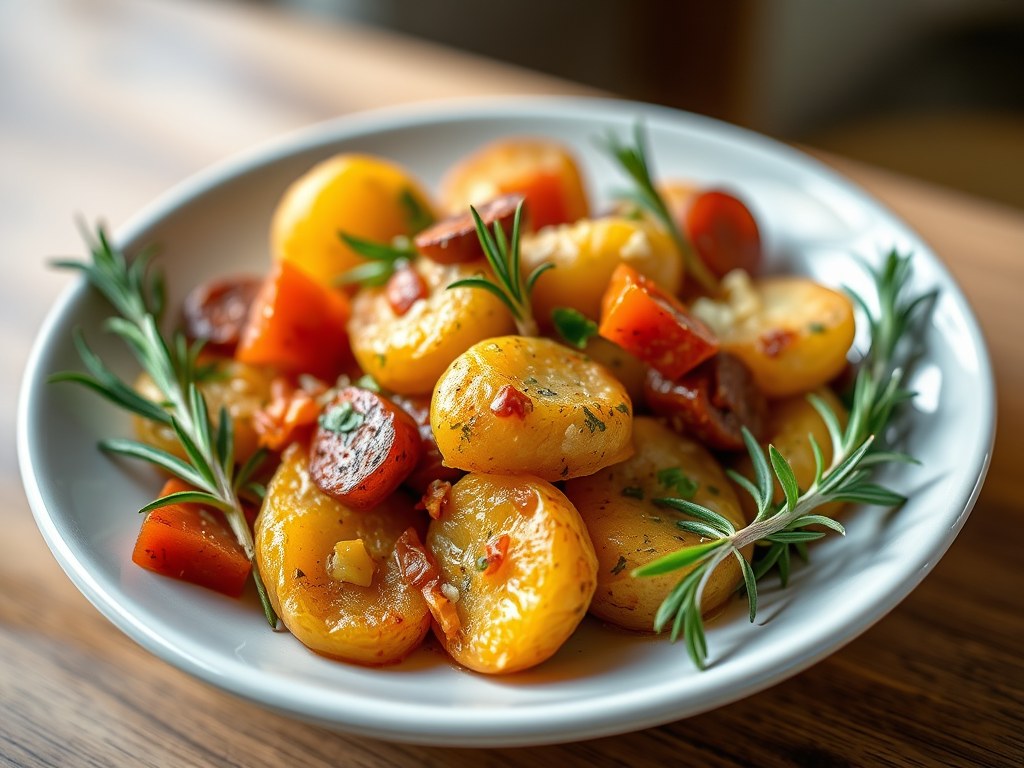 Papas bravas met look, chorizo en rozemarijn, AI-gegenereerde illustratie