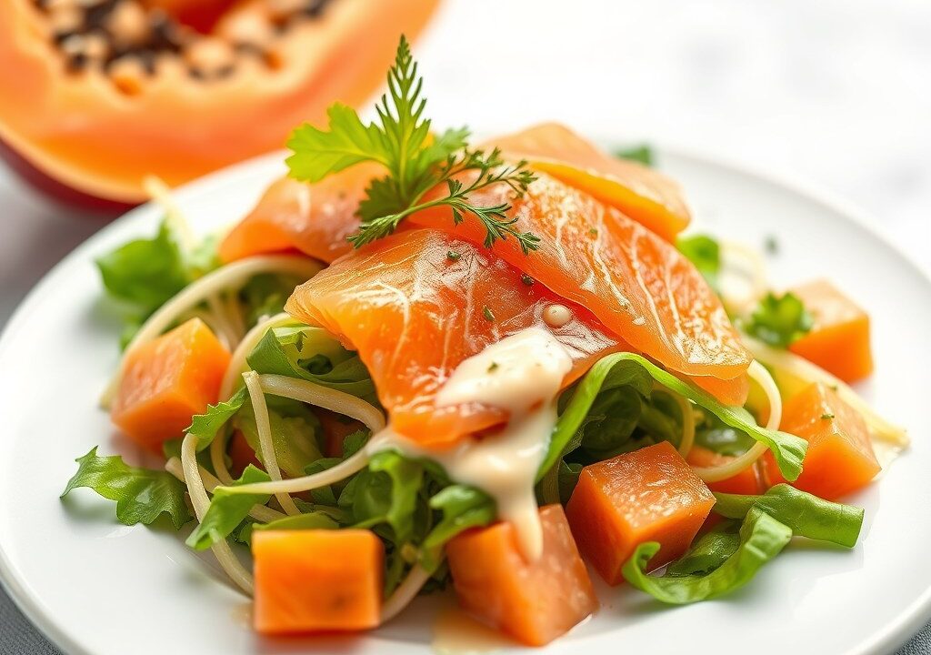 Papaya Salade met Papaya Dressing en Zalm Sashimi — AI-gegenereerde illustratie