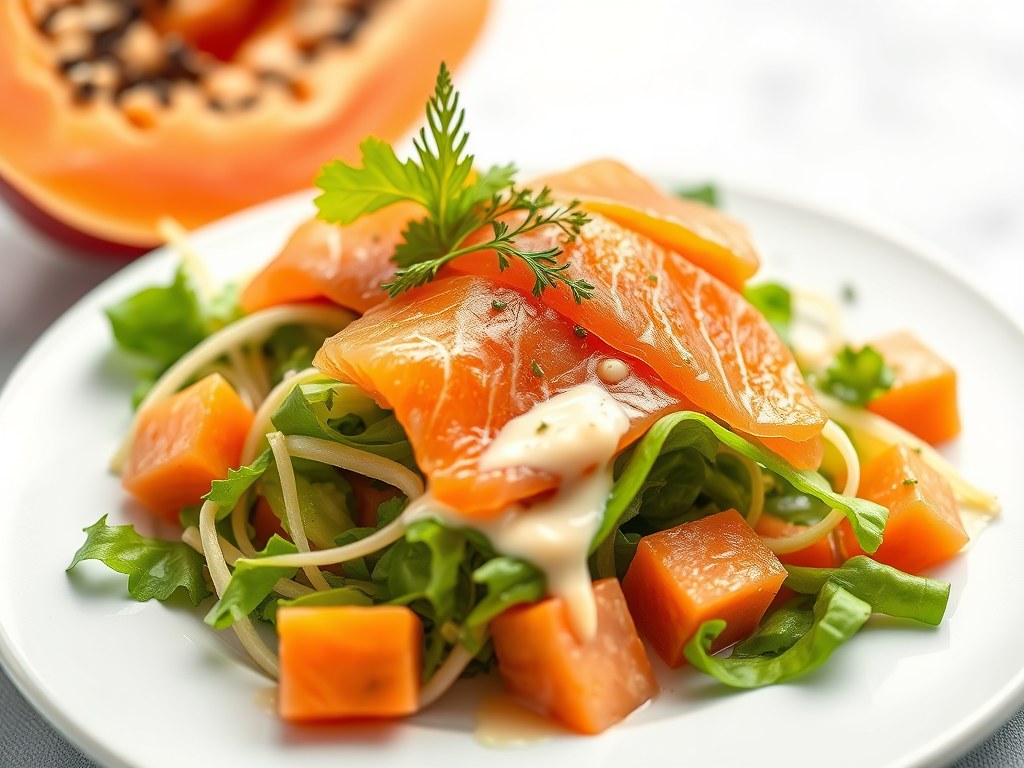 Papaya Salade met Papaya Dressing en Zalm Sashimi, AI-gegenereerde illustratie