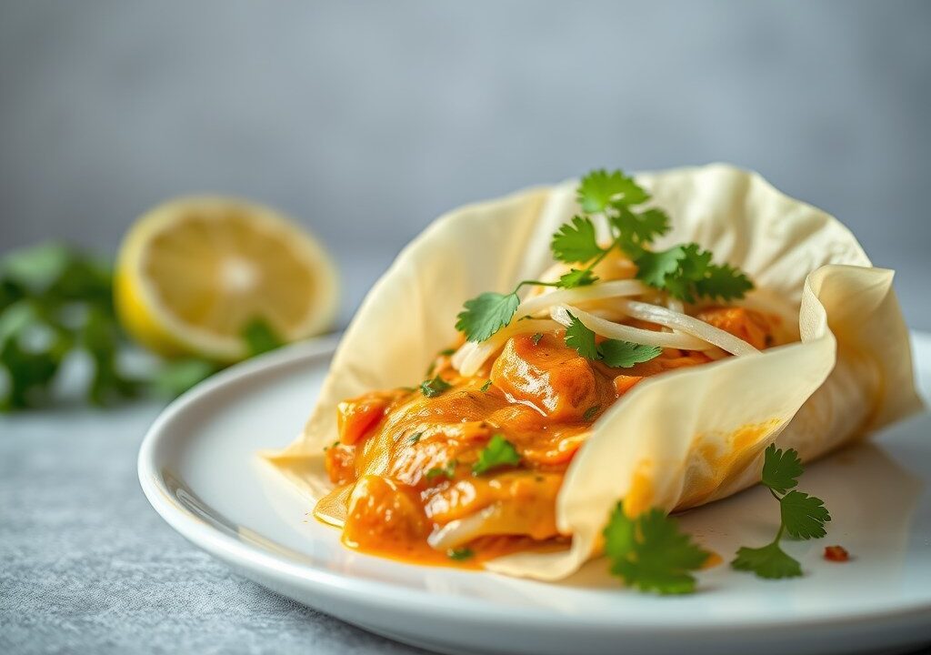 Papillot van koolvishaasje met wittekool en rode curry — AI-gegenereerde illustratie