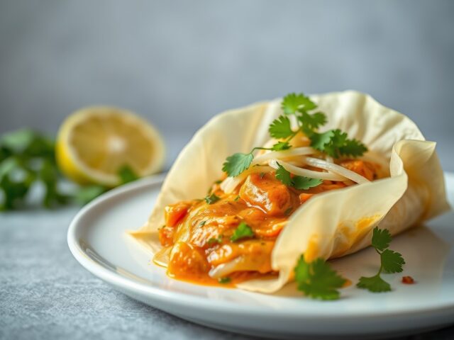 Papillot van koolvishaasje met wittekool en rode curry — AI-gegenereerde illustratie