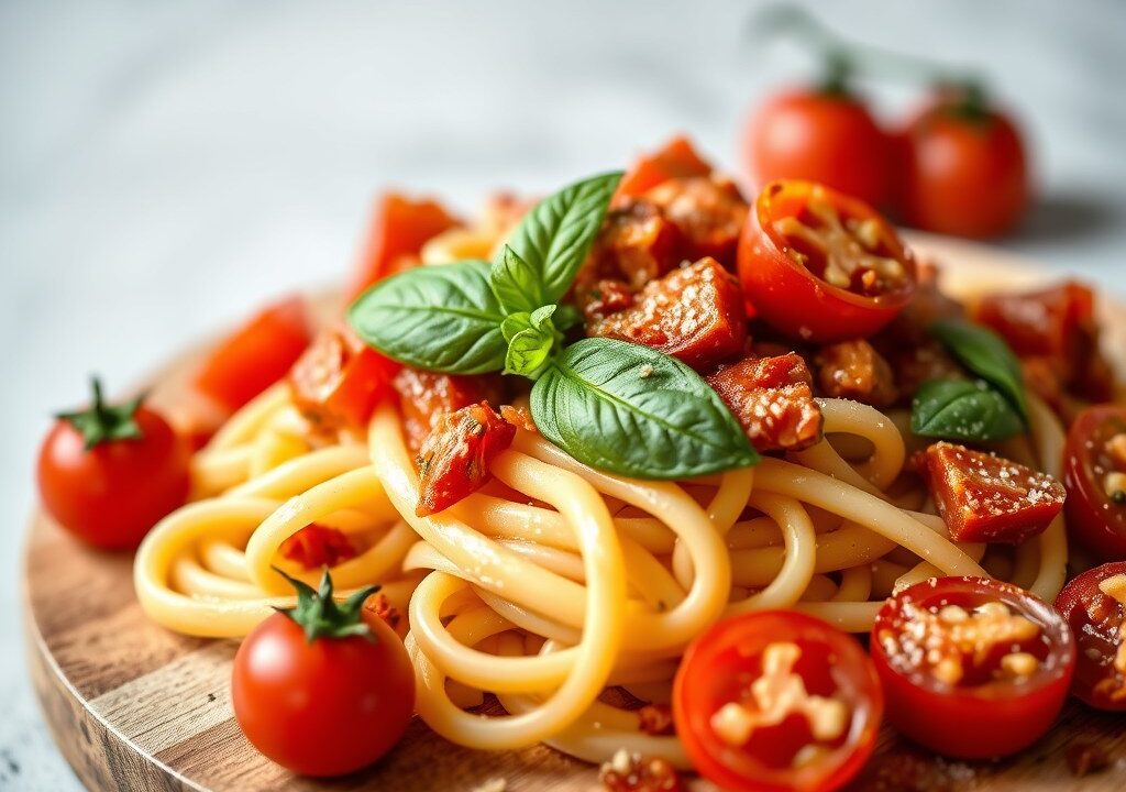 Pappardelle met coppa, tomaat en basilicum, parmezaan, AI-gegenereerde illustratie