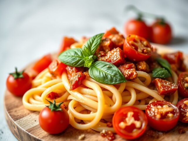 Pappardelle met coppa, tomaat en basilicum, parmezaan — AI-gegenereerde illustratie
