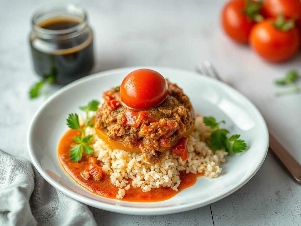 Paprika en tomaat gevuld met Quorn, rijst en tomatencoulis, AI-gegenereerde illustratie
