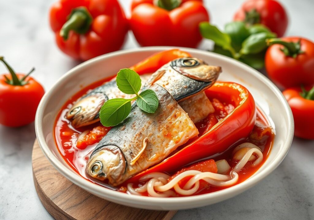 Paprika met haring of makreel flets in tomaten saus, AI-gegenereerde illustratie