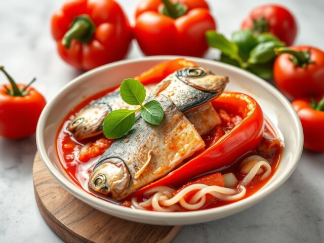 Paprika met haring of makreel flets in tomaten saus — AI-gegenereerde illustratie
