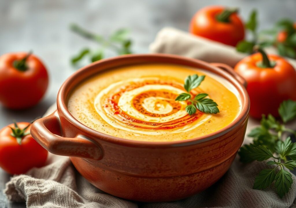 Paprika roomsoep in een bakje van bladerdeeg.( KERST) — AI-gegenereerde illustratie