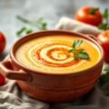 Paprika roomsoep in een bakje van bladerdeeg.( KERST)