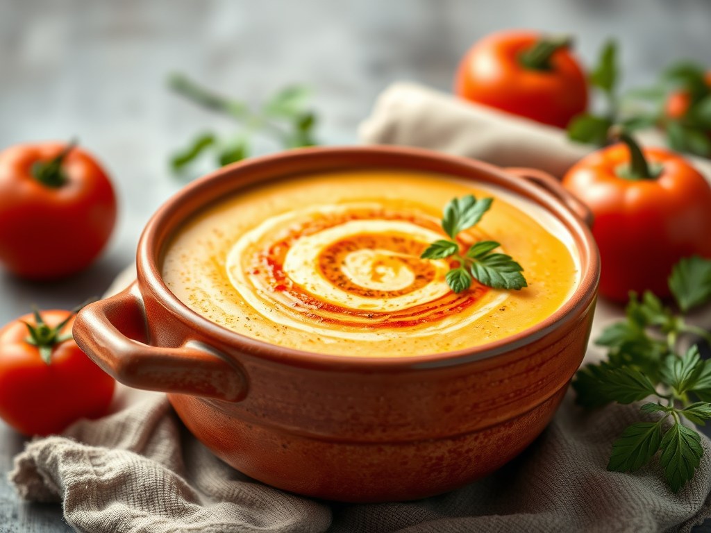 Paprika roomsoep in een bakje van bladerdeeg.( KERST), AI-gegenereerde illustratie