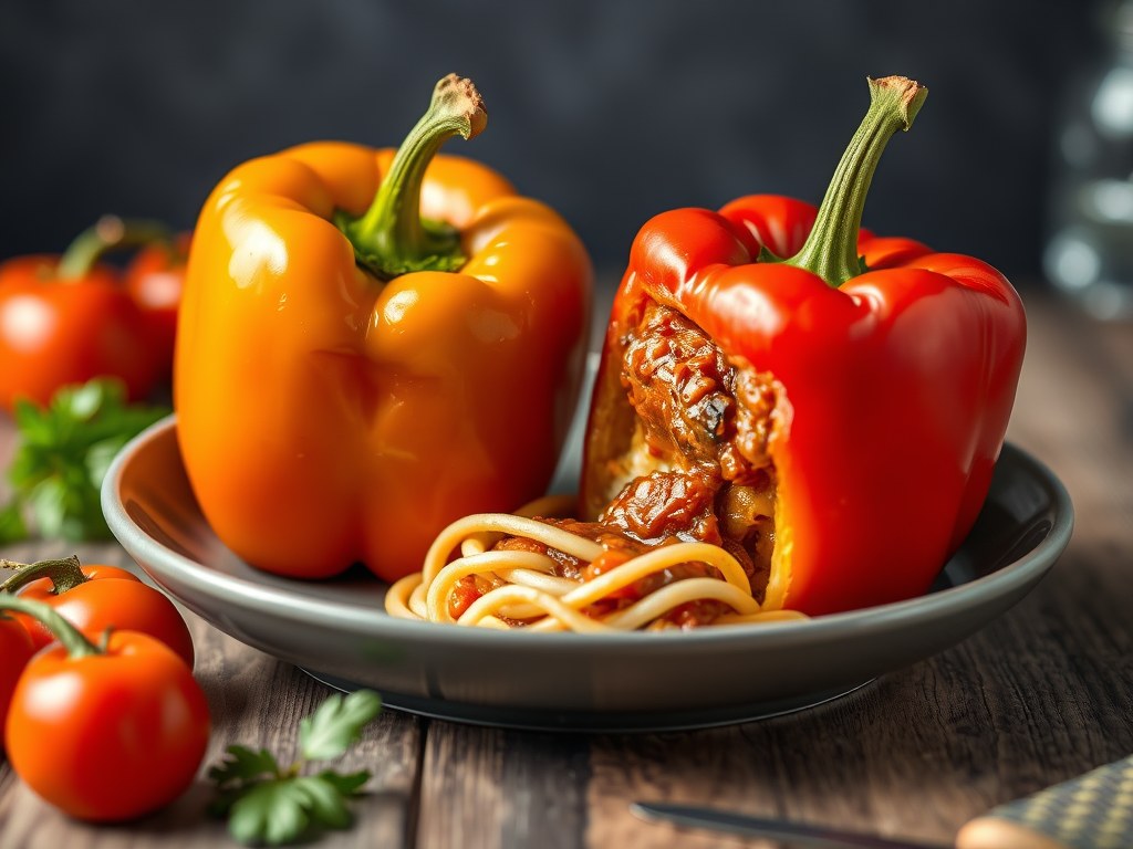 Paprika uit de oven gevuld met Bolognesesaus, AI-gegenereerde illustratie