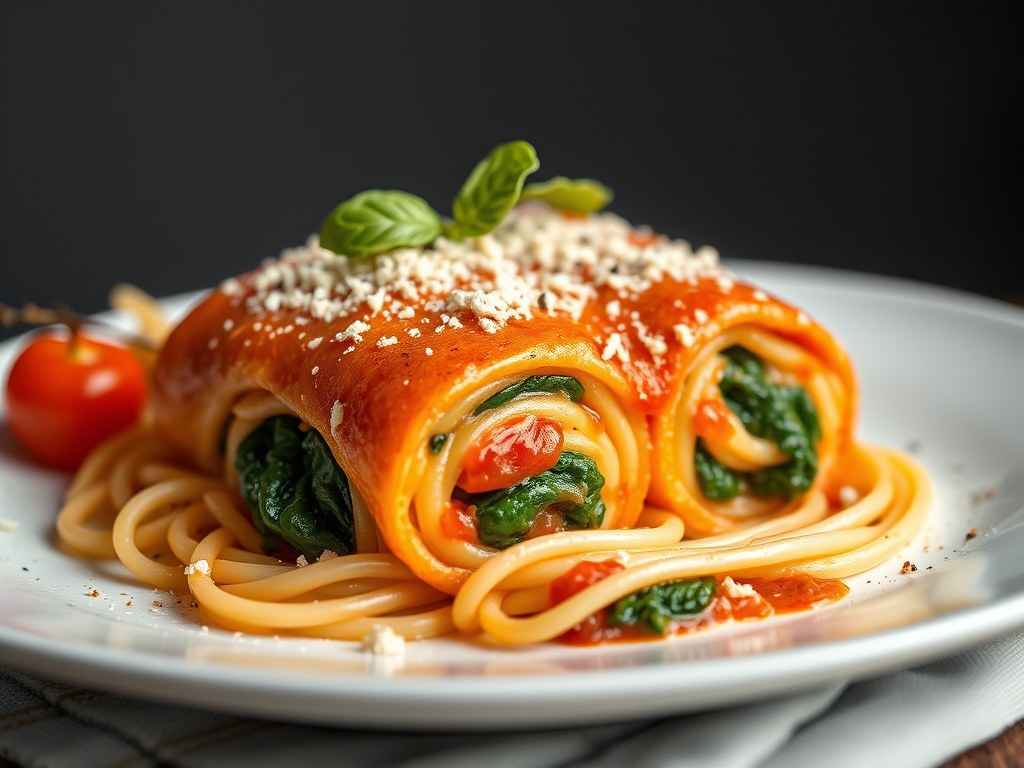 Paprikaroulade met pasta, AI-gegenereerde illustratie