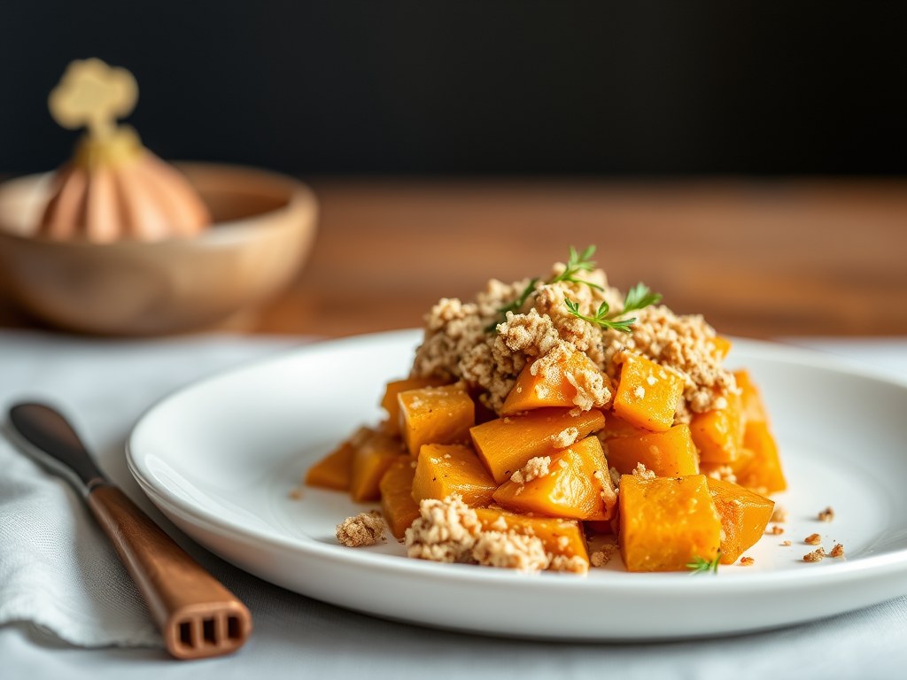 Parmentier van linzen, zoete aardappelen en knolselder-crumble, AI-gegenereerde illustratie