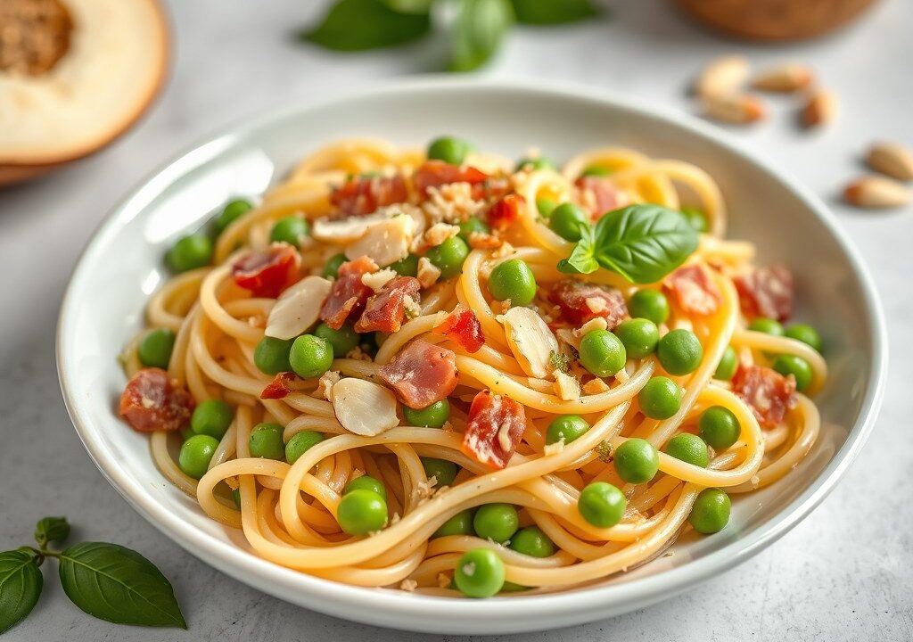 Pasta carbonara met spek, erwten, amandelen en basilcum — AI-gegenereerde illustratie