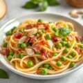 Pasta carbonara met spek, erwten, amandelen en basilcum