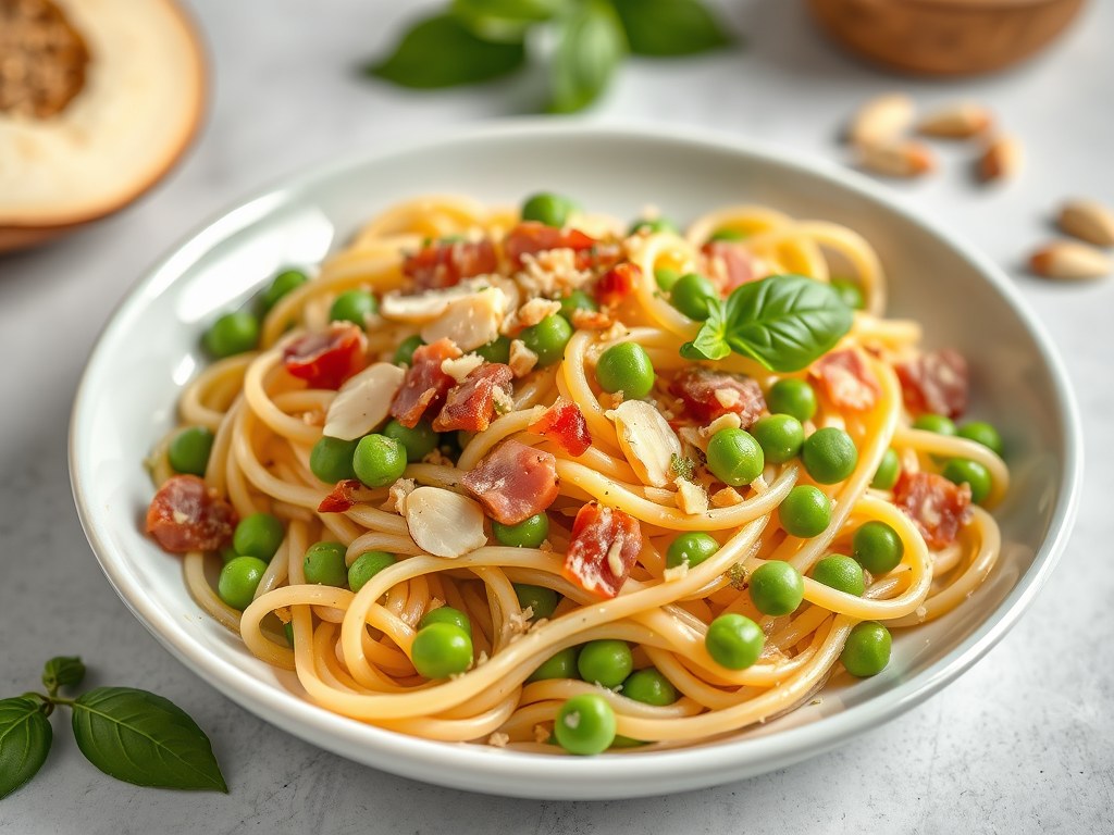 Pasta carbonara met spek, erwten, amandelen en basilcum, AI-gegenereerde illustratie
